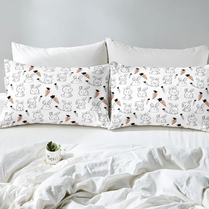 Kawaii Bedding Set, for Kids Girls Cute Cartoon Rabbit Bedding Set, Sketch Carrot Duvet Cover, Kawaii Room Decor, Pink Soft Reversible Comforter Cover Set, Lovely Animal Bedding Comforter, Full Size