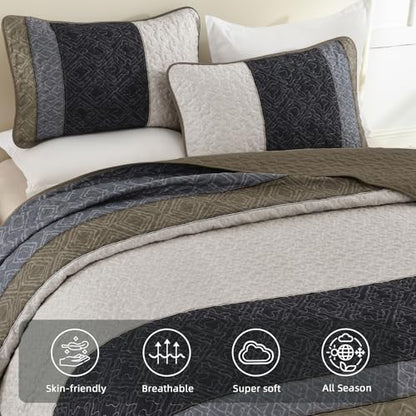 Cottolester Boho Quilt Set Queen,Black Taupe Striped Plaid Coverlet Set