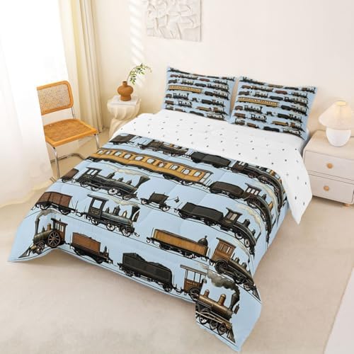 Erosebridal Vintage Steam Train Comforter Set Full Travel Locomotive Train Bedding Set Transport Vehicle Comforter for Kids Boys Girls Steampunk Railway Quilt Duvet Blue