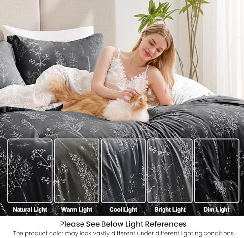 Love's cabin King Size Comforter Set Black - King Comforter Set, 3 Pieces Cute Floral Bedding Sets for All Seasons,1 Soft Reversible Botanical Flowers Comforter and 2 Pillow Shams