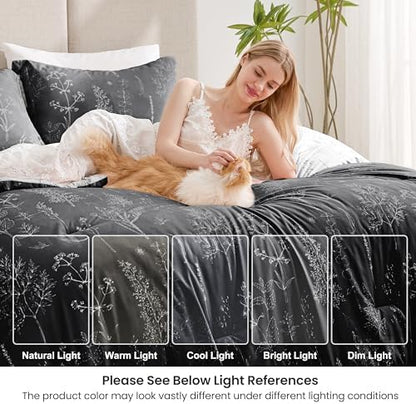 Love's cabin King Size Comforter Set Black - King Comforter Set, 3 Pieces Cute Floral Bedding Sets for All Seasons,1 Soft Reversible Botanical Flowers Comforter and 2 Pillow Shams