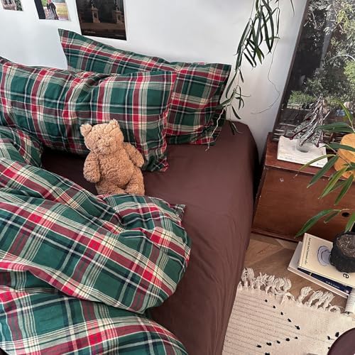 mixinni Vintage Green Buffalo Plaid Washed Cotton Duvet Cover King - Soft Breathable Textured Bedding Set with Zipper Closure for All Seasons-1 Duvet Cover + 2 Pillow Shams-King Size