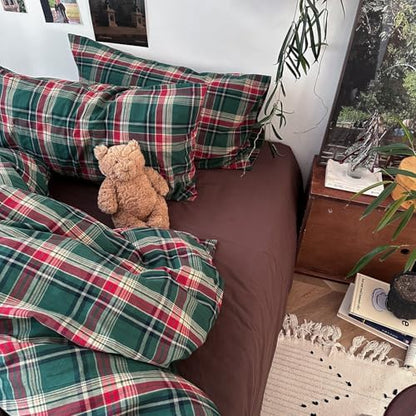 mixinni Vintage Green Buffalo Plaid Washed Cotton Duvet Cover King - Soft Breathable Textured Bedding Set with Zipper Closure for All Seasons-1 Duvet Cover + 2 Pillow Shams-King Size