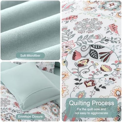 Boho Comforter Set Queen - 7 Pieces Bed in a Bag Floral Design, Bohemian Comforter Set with Sheets, Soft Microfiber Complete Bedding Sets All Season (Light Green, Queen)