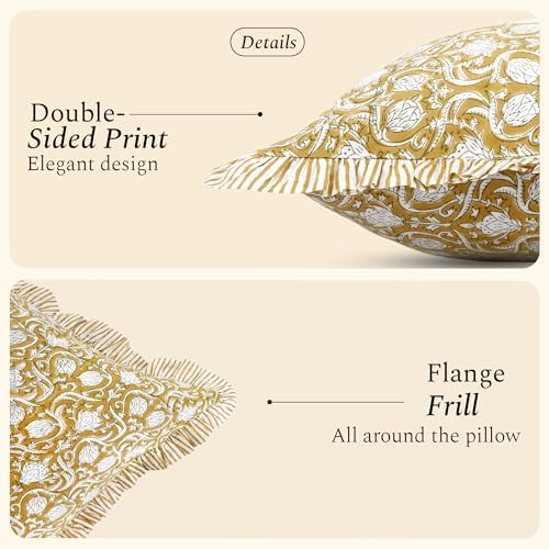 CPC Block Print Mustard Regal Ruffle Cotton Lumbar Pillow Cover 14x36 inch