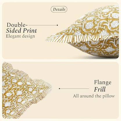 CPC Block Print Mustard Regal Ruffle Cotton Lumbar Pillow Cover 14x36 inch