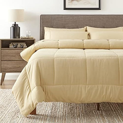 Sweet Home Collection 7 Piece Comforter Set Bag Solid Color All Season Soft Down Alternative Blanket & Luxurious Microfiber Bed Sheets, Camel, Queen