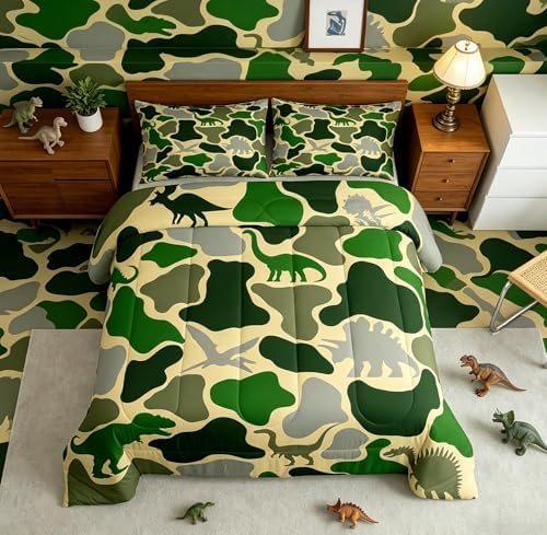 Feelyou Green Dinosaur Comforter Set All Season Camouflage Bedding Set with 2 Pillow Cases Green Camo Dino Microfiber Kids Queen Bedclothes Bedroom Decor Duvet Quilt Breathable Soft Lightweight