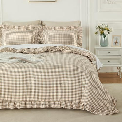 Gingham Ruffle Comforter Set Queen - 3 Piece Tan Checkered Bedding Set - Aesthetic Cottagecore Ruffled Farmhouse Comforter with 2 Pillow Shams - Soft, Lightweight All Season Bedding (90"x90")