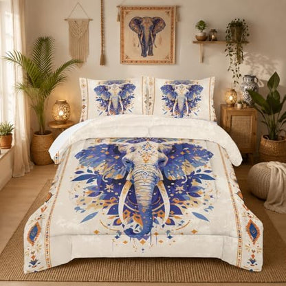 Nttopship Ethnic Elephant Comforter Bedding Set with 2 Pillowcase King Size Wild Animals Comforter Set for Kids Boys Girls Bedroom Decor