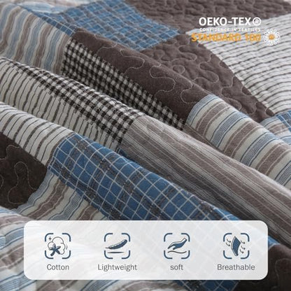 Y-PLWOMEN 100% Cotton Quilts Queen Size Farmhouse Plaid 3-Pieces Bedding