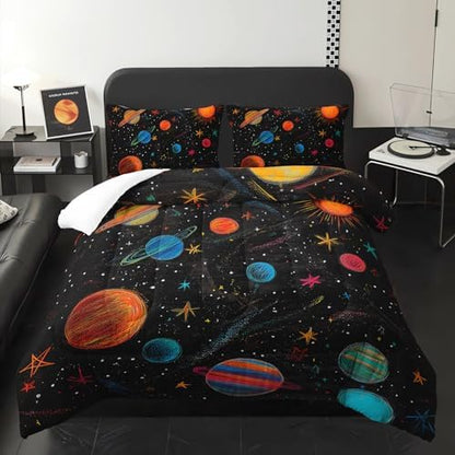 Outer Space Theme Comforter Set Queen for Kids，Space Bedding Queen Bed for Boys，with 1 Comforter with 2 Pillow Case