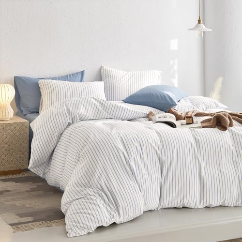 Wake In Cloud Striped Cotton Duvet Cover Set, Blue White, King