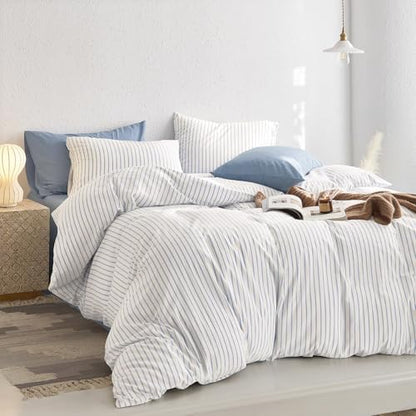 Wake In Cloud Striped Cotton Duvet Cover Set, Blue White, Queen