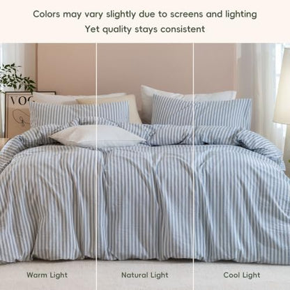 JIYUAN King Washed Cotton Duvet Cover Set, 3-Piece, Linen-Like Stripe