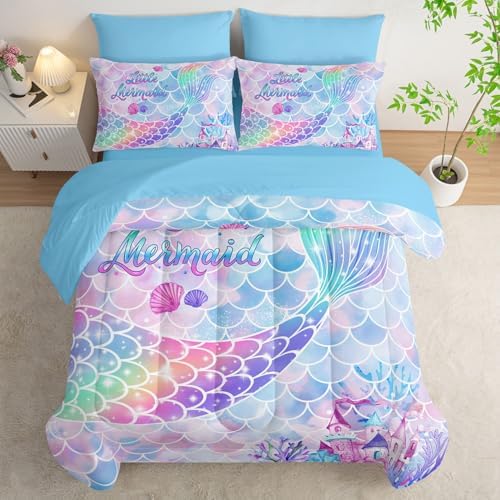 7Pcs Comforter Set Rainbow Mermaid Tail Printed Bedding Set with 1 Comforter, 1 Flat Sheet, 1 Fitted Sheet and 4 Pillowcases for Girls Bedroom All Season(Mermaid-3 Queen)