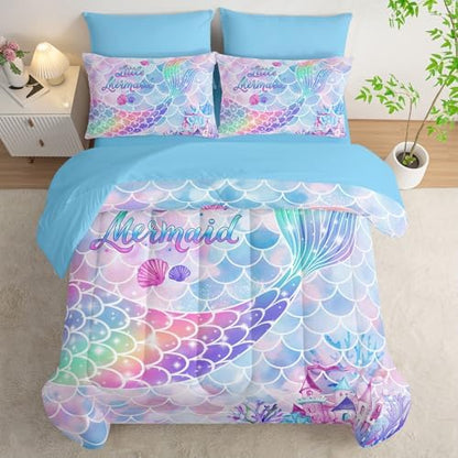 7Pcs Comforter Set Rainbow Mermaid Tail Printed Bedding Set with 1 Comforter, 1 Flat Sheet, 1 Fitted Sheet and 4 Pillowcases for Girls Bedroom All Season(Mermaid-3 Full)