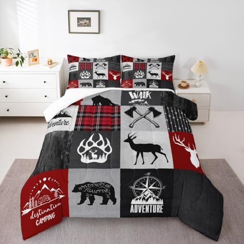 Deer Antler Bear Kids Comforter Set Queen Size,Plaids Boho Arrows Patchwork Bedding Set for Boys Girls Adults Room Decor,Rustic Adventure Camper Down Comforter,Red Xmas Duvet Insert,2 Pillowcases