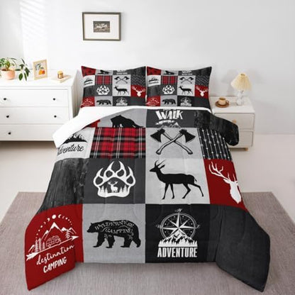 Deer Antler Bear Kids Comforter Set King Size,Plaids Boho Arrows Patchwork Bedding Set for Boys Girls Adults Room Decor,Rustic Adventure Camper Down Comforter,Red Xmas Duvet Insert,2 Pillowcases