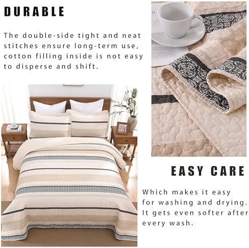 Homzard Quilts Queen Size, Cotton Comforter Set, Beige and Grey Queen Bed Set, Lightweight Striped Bedding, Farmhouse Reversible Bedspread All Season 3 Pieces