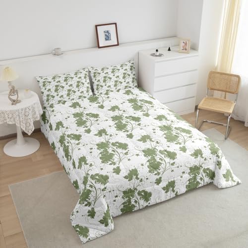 jejeloiu Green Flower Comforter Set Full Size Kids Floral Bedding Set for Boys Girls Teens Botanical Duvet Breathable Minimalist Aesthetics Quilt Bedroom Decor,1 Comforter with 2 Pillowcase