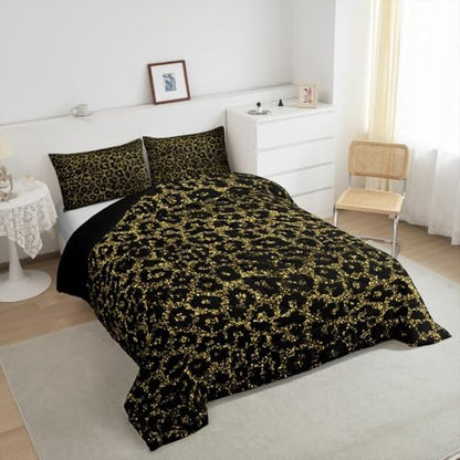 Black Leopard Kids Comforter Set King Size,Wild Animal Cheetah Skin Abstract Bedding Set,Girls Boys Room Decor,Wildlife Golden Glitter Modern Quilt Comforter,Fashion Duvet Insert,2 Pillowcases