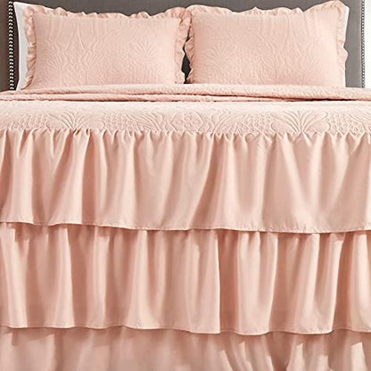 CHIXIN Ruffle Skirt Bedspread King Size - 30" Long Drop, Shabby Chic Style, Lightweight Bedding Cover, 3 Piece Set, Chic Layers, Pink