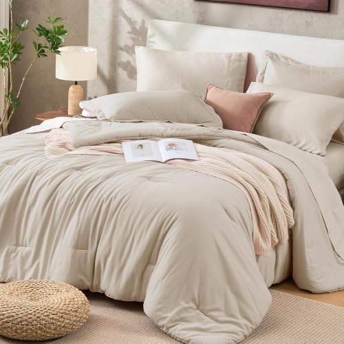 Sasttie King Comforter Set 7-Piece Beige, Pre-Washed Bed in a Bag