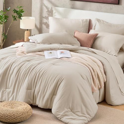 Sasttie Queen Comforter Set 7-Piece Beige, Pre-Washed Bed in a Bag