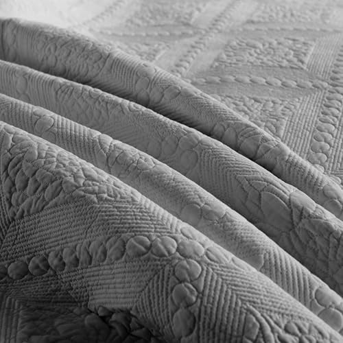 MarCielo 3-Piece 100% Cotton Oversized Bedspread Lightweight Quilt Coverlet Embroidery Farmhouse Bedding Set (Tk Light Grey, Oversized King (118"x106"))
