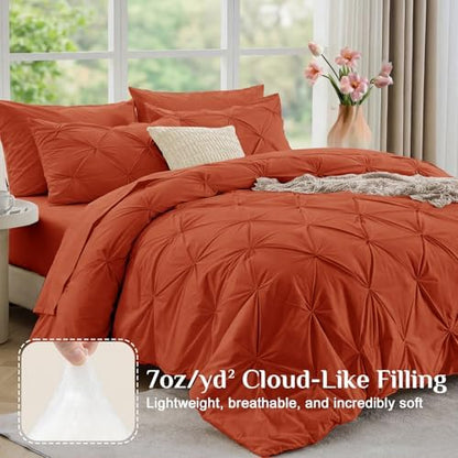 JOLLYVOGUE California King Comforter Set 7 Pieces - Bed in a Bag Cal King for All Season, Pintuck Bedding Comforter Sets with Comforter, Flat Sheet, Fitted Sheet and Pillowcases & Shams, Burnt Orange