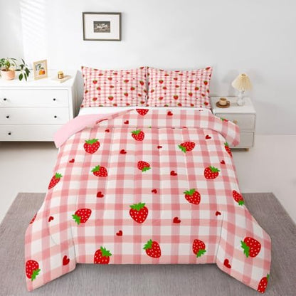 Erosebridal Strawberry Comforter Set Twin Size for Girls - Cute Pink Bedding with Duvet Insert, Grid Striped Quilt - 2 Pcs Kawaii Bedroom Decor for Kids and Women