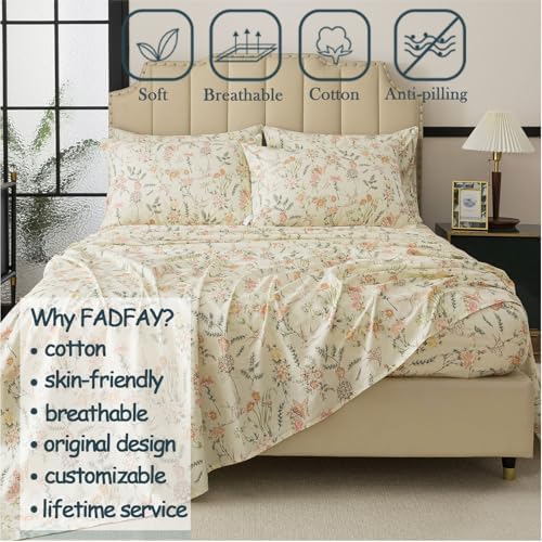 FADFAY Twin Size 4‑Piece 100% Cotton Sheet Set – Deep Pocket Fitted Sheet, Crisp, Breathable & Soft for Hot Sleepers, Country Style Floral & Butterfly Pattern Bedding for All Seasons