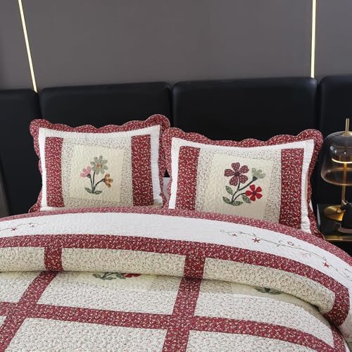 vctops Christmas Red 3 Piece Embroidered Floral Quilted Bedspread Quilt Set 100% Cotton Reversible Patchwork Coverlet Set 1 Quilt and 2 Pillow Shams (Red,King)