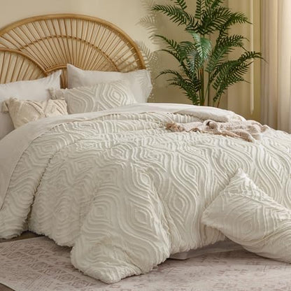 BEDELITE Queen Comforter Set 7 Pieces,Boho Bed in a Bag,Wavy-Cream White