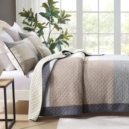 Quilta 100% Cotton Quilt Set, Real Patchwork Plaid Quilts/Brown/Gray/Beige