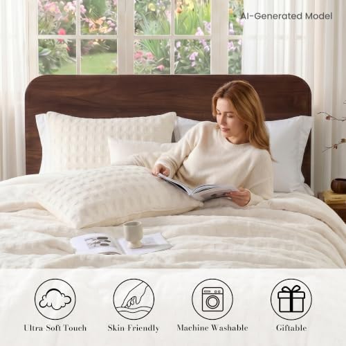 Plush Fleece Comforter Set Queen with Teddy Waffle Textured , Cream White