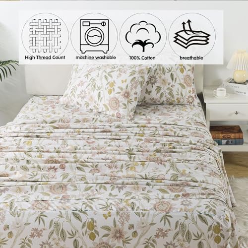 FADFAY King Size Sheets 100% Cotton Botanical Floral Bed Sheet Leaves Sunflower Printed Farmhouse Bedding Lemon Butterfly Patterned Deep Pocket Flower Sheets Luxury 600 TC Soft Breathable 4 Pcs