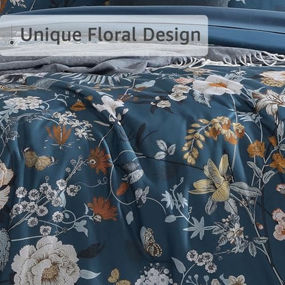Queen Comforter Set - 7 Pieces Blue Floral Bed in a Bag Queen Bedding Sets