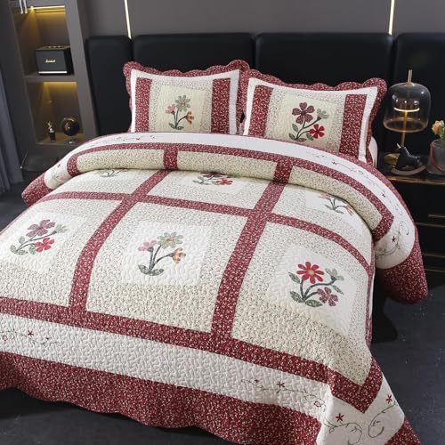 vctops Christmas Red 3 Piece Embroidered Floral Quilted Bedspread Quilt Set 100% Cotton Reversible Patchwork Coverlet Set 1 Quilt and 2 Pillow Shams (Red,King)