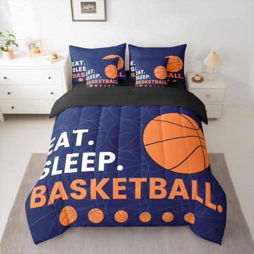 Erosebridal Boys Basketball Orange Navy Blue 7 Piece Bedding Set Twin | Ball Gaming Comforter Set with Sheets Sports Kids Teens Bed in A Bag Men Bed Sets