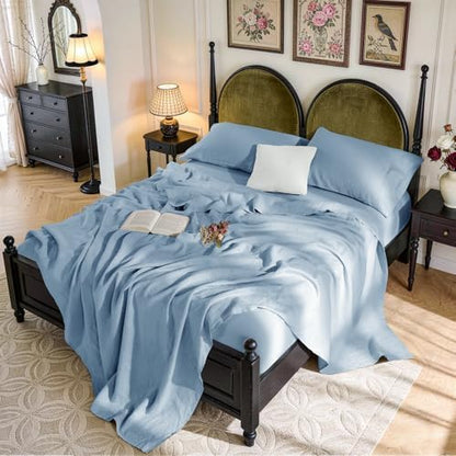 SONORO KATE 100% French Linen Full Size Sheets Set,Natural Flax Bedding