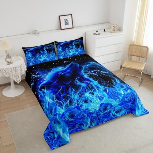 Wolf Sky Comforter Girls Teens 3D Rose Floral Duvet Set Full Size Home Decor Soft Blue Flame Bedding Comforters Romantic Starry Sky All Season Adult Bedroom Down Duvet,1 Comforter with 2 Pillowcase