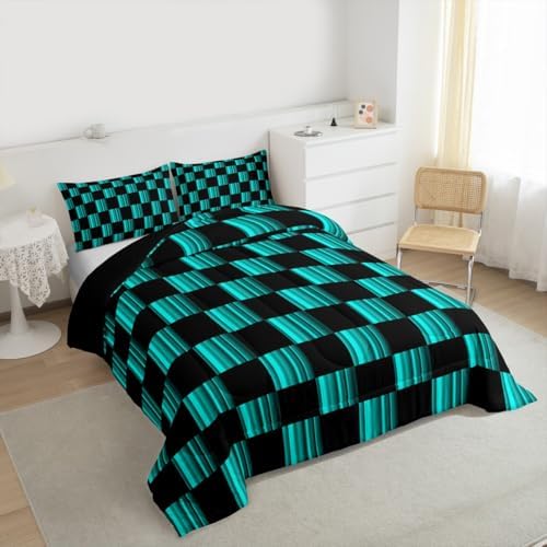 Checkered Kids Comforter Set King Size Abstract Ombre Bedding Set Modern Geometric Teal Blue Black Duvet Quilt for Kids Boys Girls Bedroom Cute Neutral Aesthetic Plaid Decor