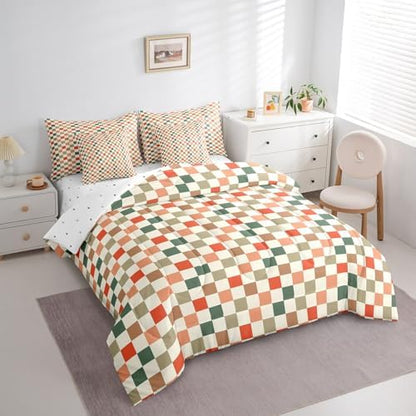 jejeloiu Orange Green Red Bedding Set 7Pcs Full Size Kids Buffalo Plaid Comforter Set with Sheets for Boys Girls Checkered Grid Bed in a Bag Soft Lightweight,Microfiber