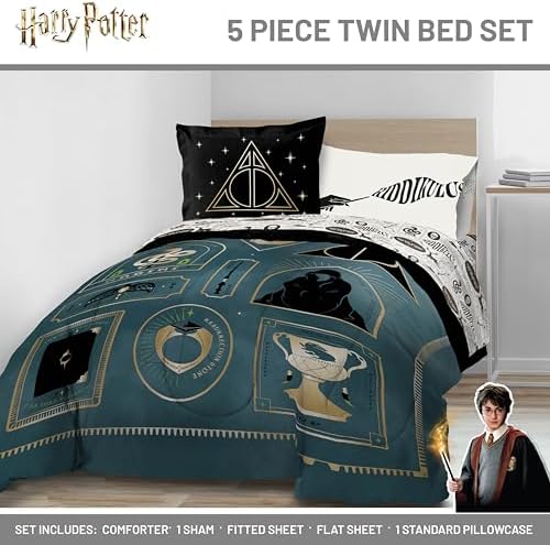 Harry Potter Twin Comforter Set 5 Piece Soft Fantasy Bedding, Blue