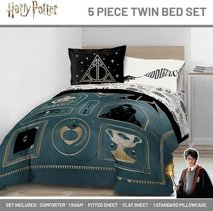 Harry Potter Twin Comforter Set 5 Piece Soft Fantasy Bedding, Blue