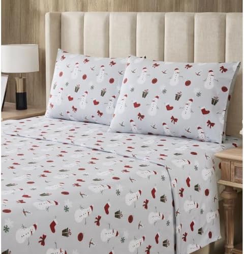 Sweet Home Collection Flannel Christmas Sheet Set, Christmas Snowman Twin, Deep Pocket Soft Brushed Microfiber Holiday Bedding with Fitted Sheet, Flat Sheet & Pillowcase(s)