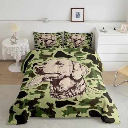 Feelyou Green Camo Decor Comforter Set Queen Size Hunting Dog Bedding Set for Kids Boys Girls Mallard Duck Duvet Quilt Military Style Bedroom Decor Microfiber 3 Pcs with 2 Pillow Cases
