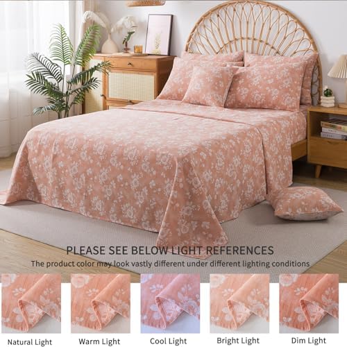 FADFAY King Sheets Set 100% Cotton Washed Double Gauze Muslin Bedding 4Pcs Vintage Coral Rose Floral Sheets Shabby Farmhouse Bedding Luxury Super Soft Breathable Deep Pocket Fitted Sheet, King Size